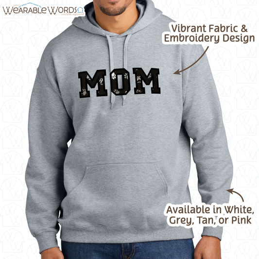 Pawprint Cat & Dog MOM Embroidered Hoodie | White, Pink, Tan, or Grey Sweatshirt