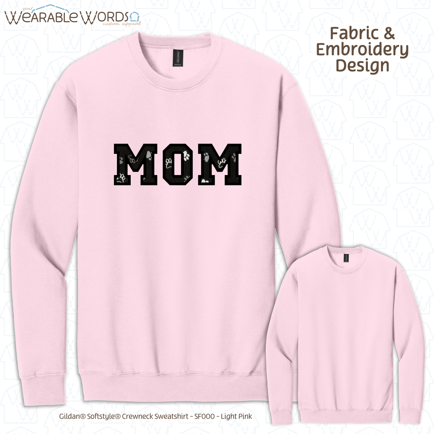 Pawprint Cat & Dog MOM Embroidered Crewneck | White, Pink, Tan, or Grey Sweatshirt