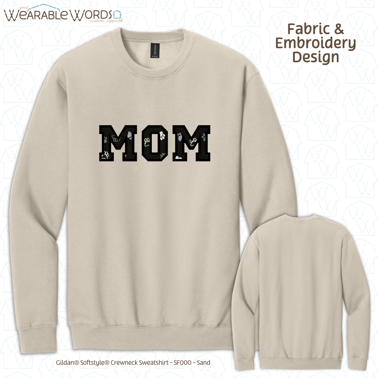 Pawprint Cat & Dog MOM Embroidered Crewneck | White, Pink, Tan, or Grey Sweatshirt