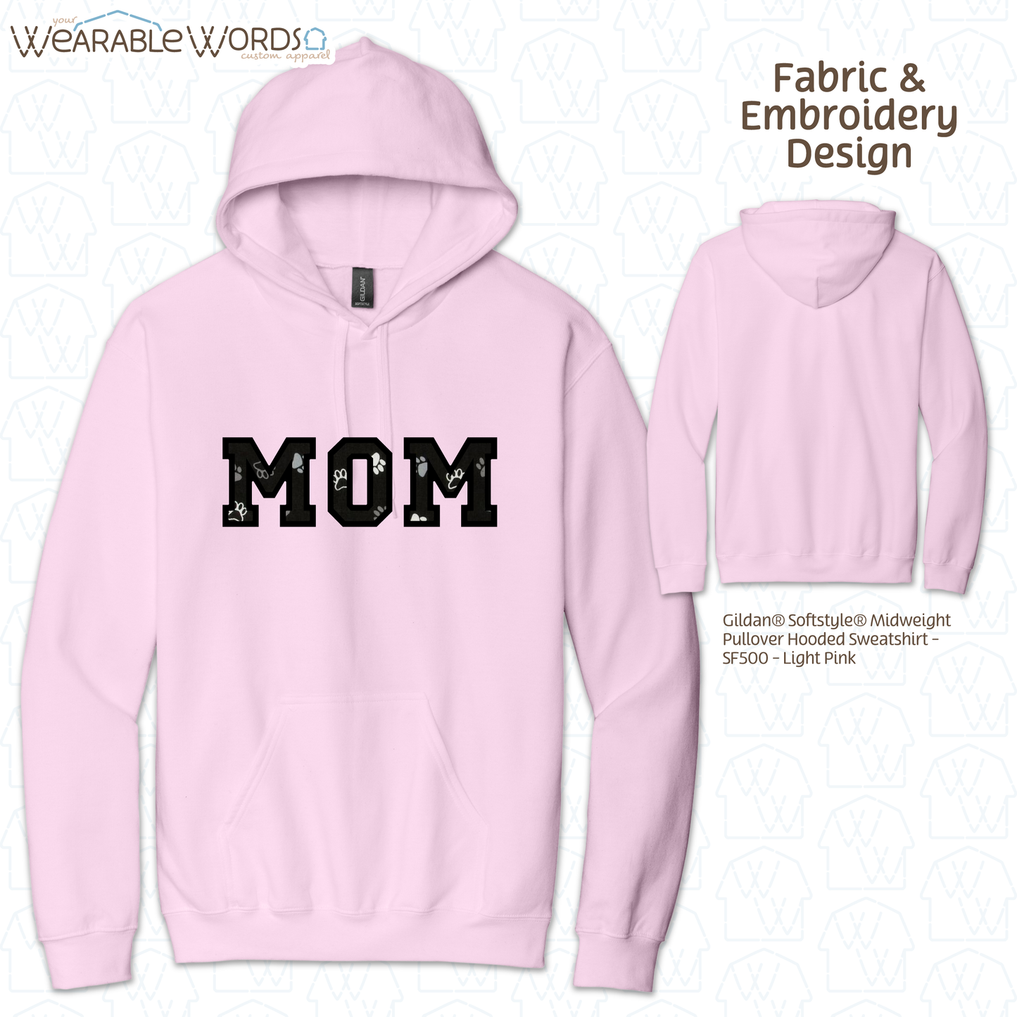 Pawprint Cat & Dog MOM Embroidered Hoodie | White, Pink, Tan, or Grey Sweatshirt