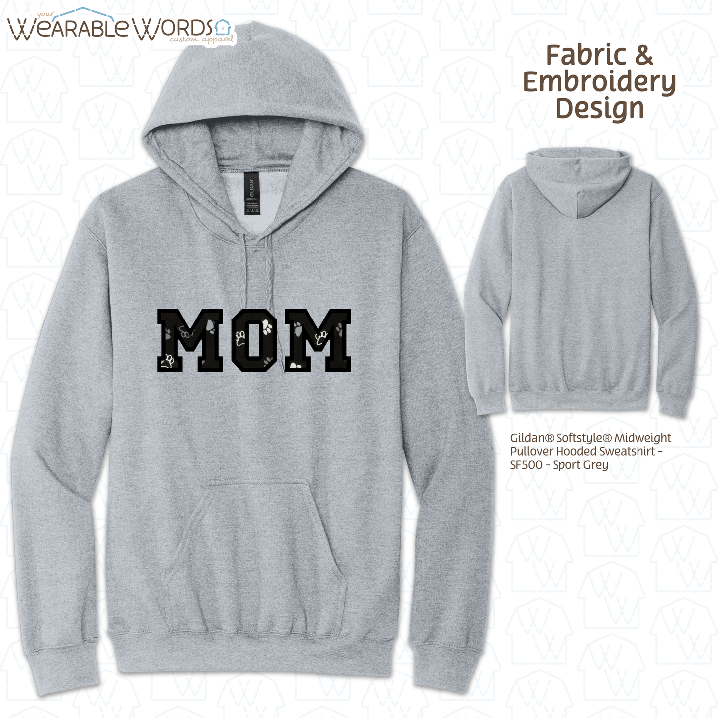 Pawprint Cat & Dog MOM Embroidered Hoodie | White, Pink, Tan, or Grey Sweatshirt