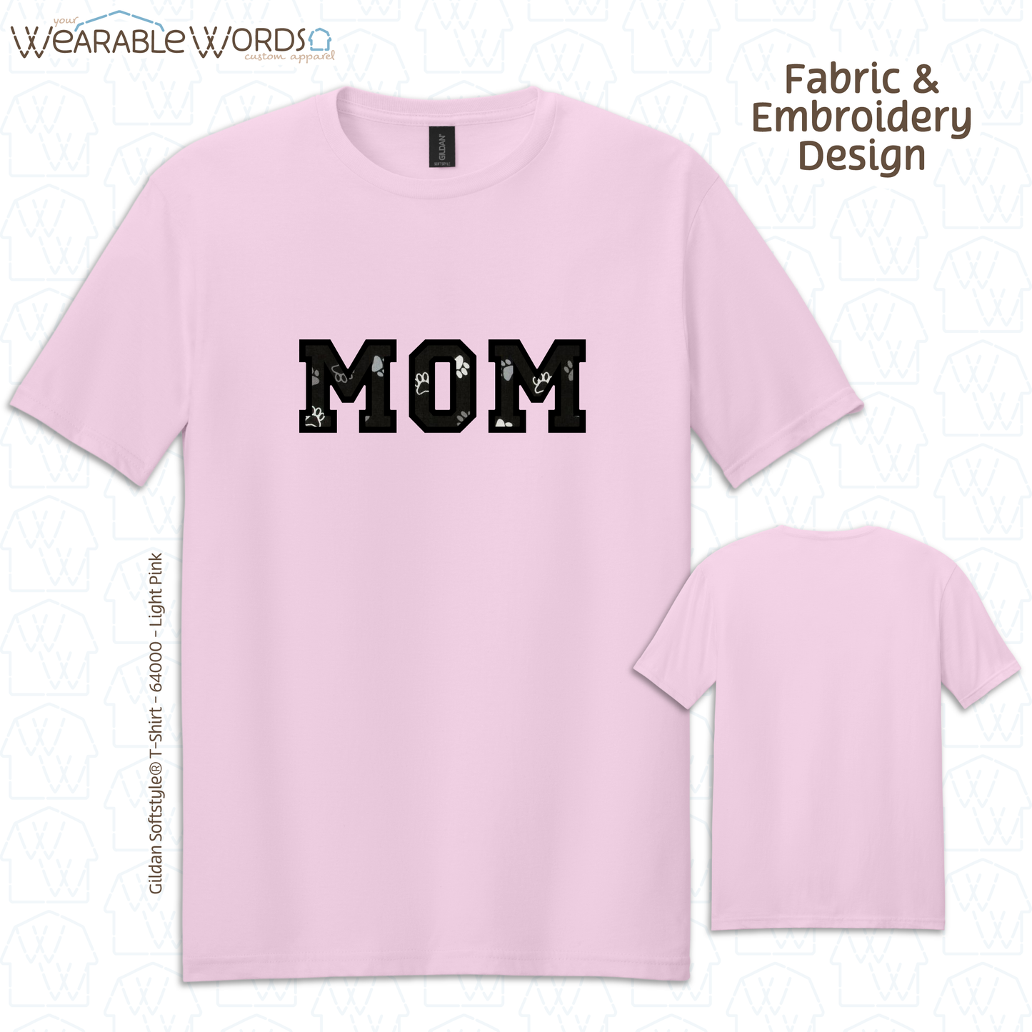 Pawprint Cat & Dog MOM Embroidered Tee | White, Pink, Tan, or Grey T-Shirt