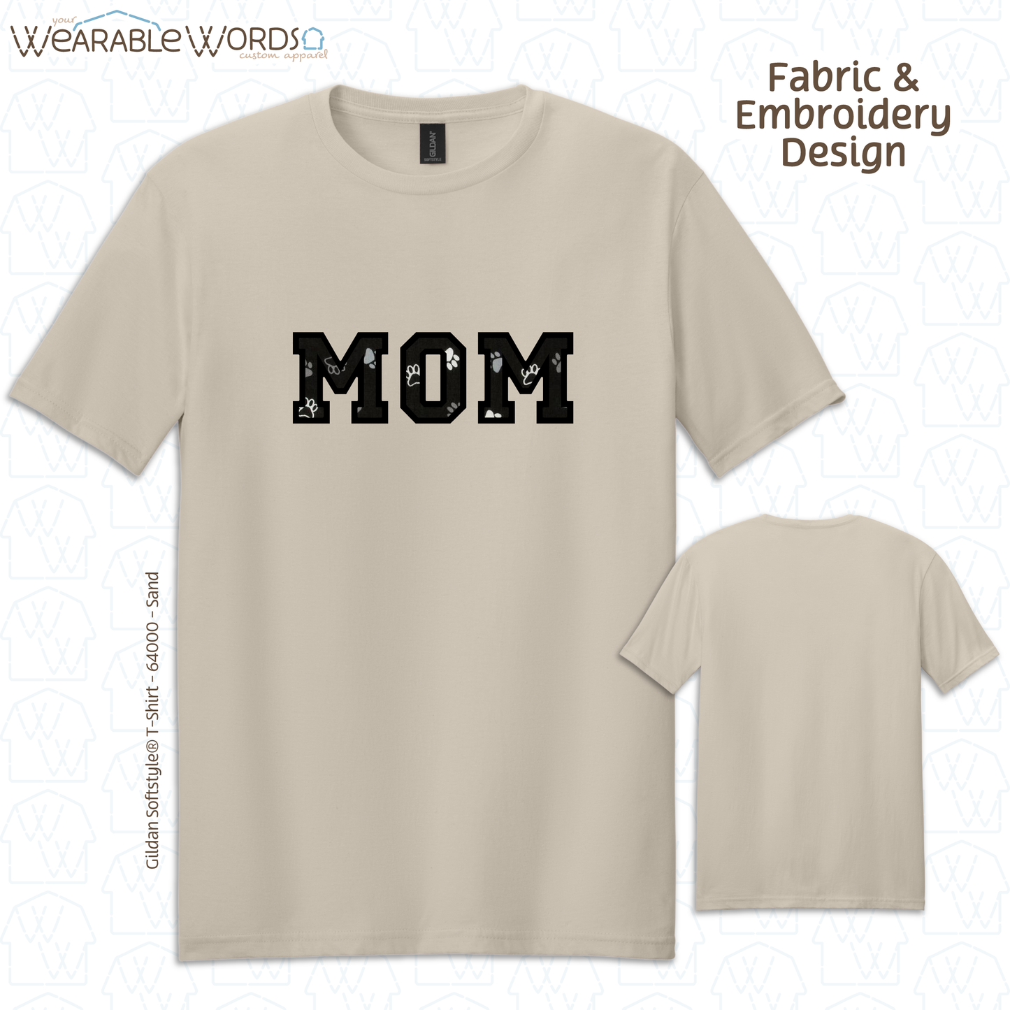 Pawprint Cat & Dog MOM Embroidered Tee | White, Pink, Tan, or Grey T-Shirt