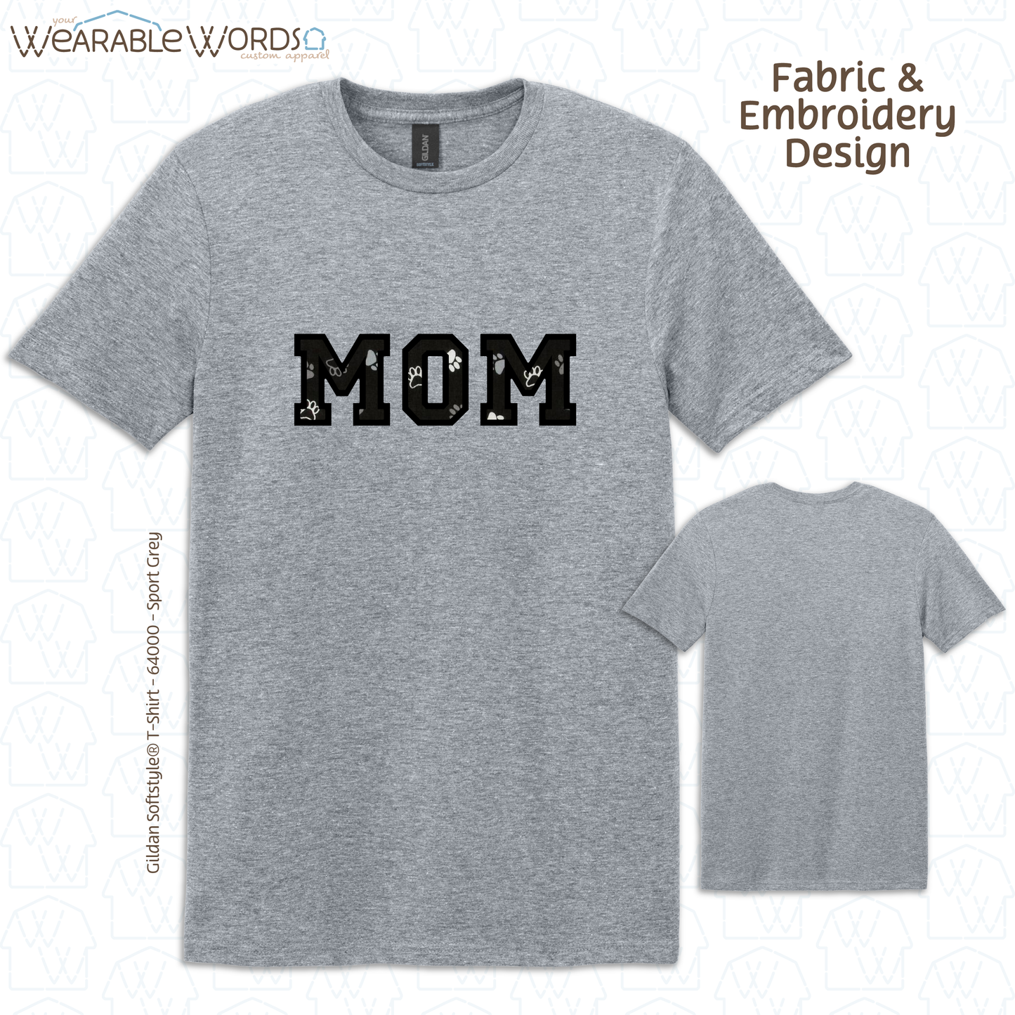 Pawprint Cat & Dog MOM Embroidered Tee | White, Pink, Tan, or Grey T-Shirt