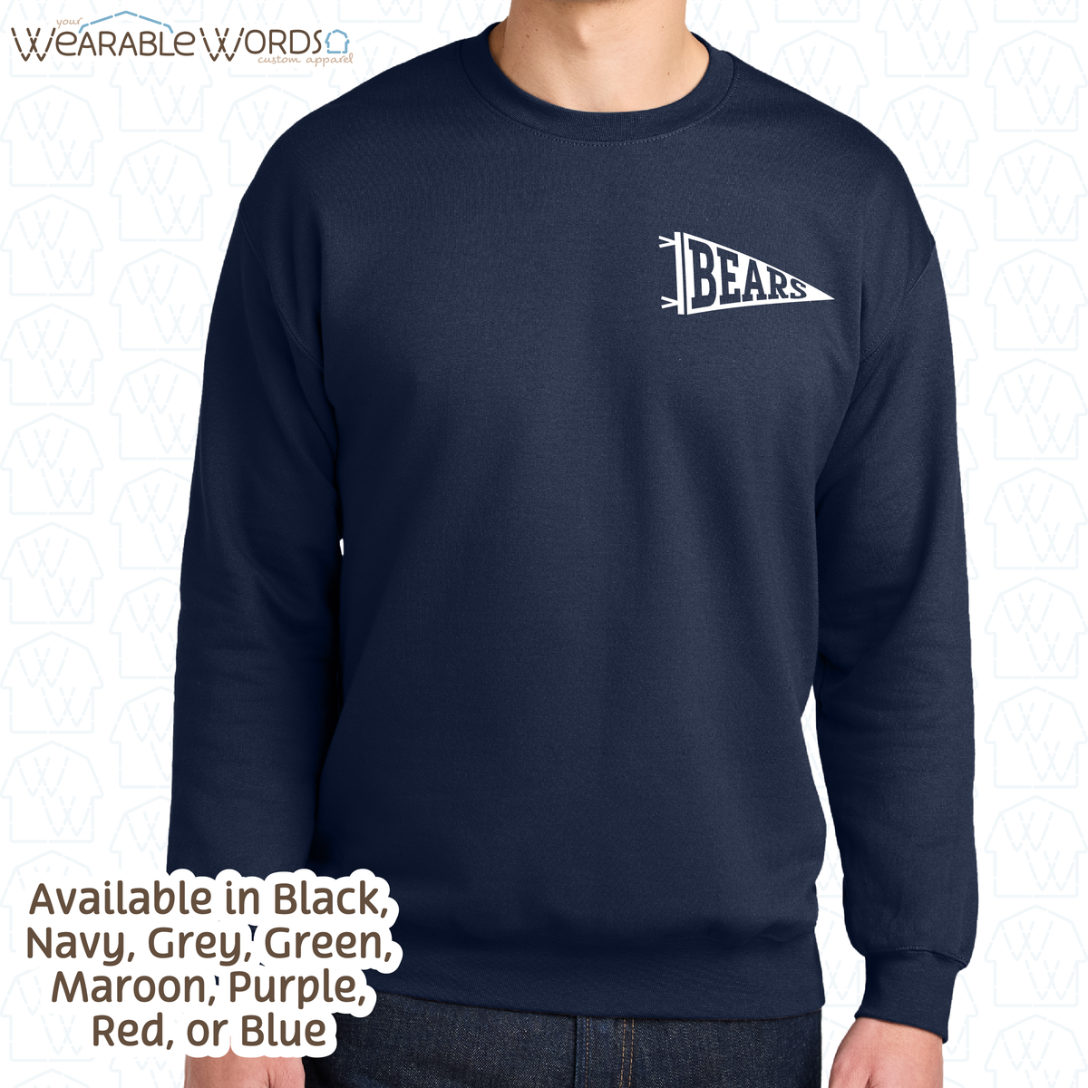 Custom Team Football Pennant Graphic Crewneck | White Varsity Collegiate Sports Print | Unisex Sweatshirt