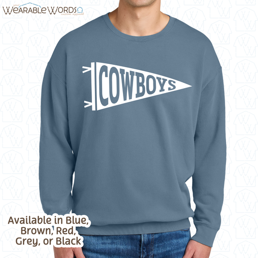 Custom Team Football Pennant Graphic Crewneck | Full White Varsity Collegiate Sports Print | Unisex Sweatshirt