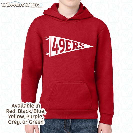 Custom Team Football Pennant Kids Graphic Hoodie | White Varsity Collegiate Sports Children's Print | Unisex Youth Sweatshirt