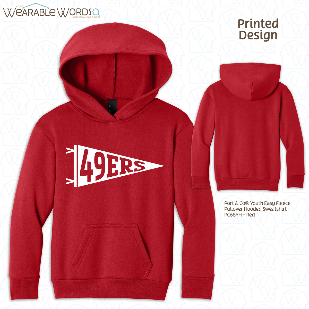 Custom Team Football Pennant Kids Graphic Hoodie | White Varsity Collegiate Sports Children's Print | Unisex Youth Sweatshirt