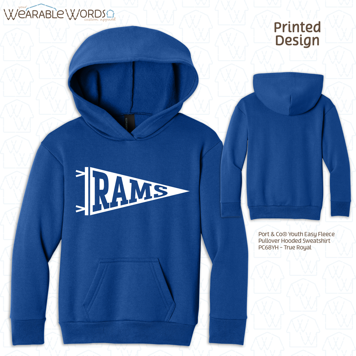 Custom Team Football Pennant Kids Graphic Hoodie | White Varsity Collegiate Sports Children's Print | Unisex Youth Sweatshirt
