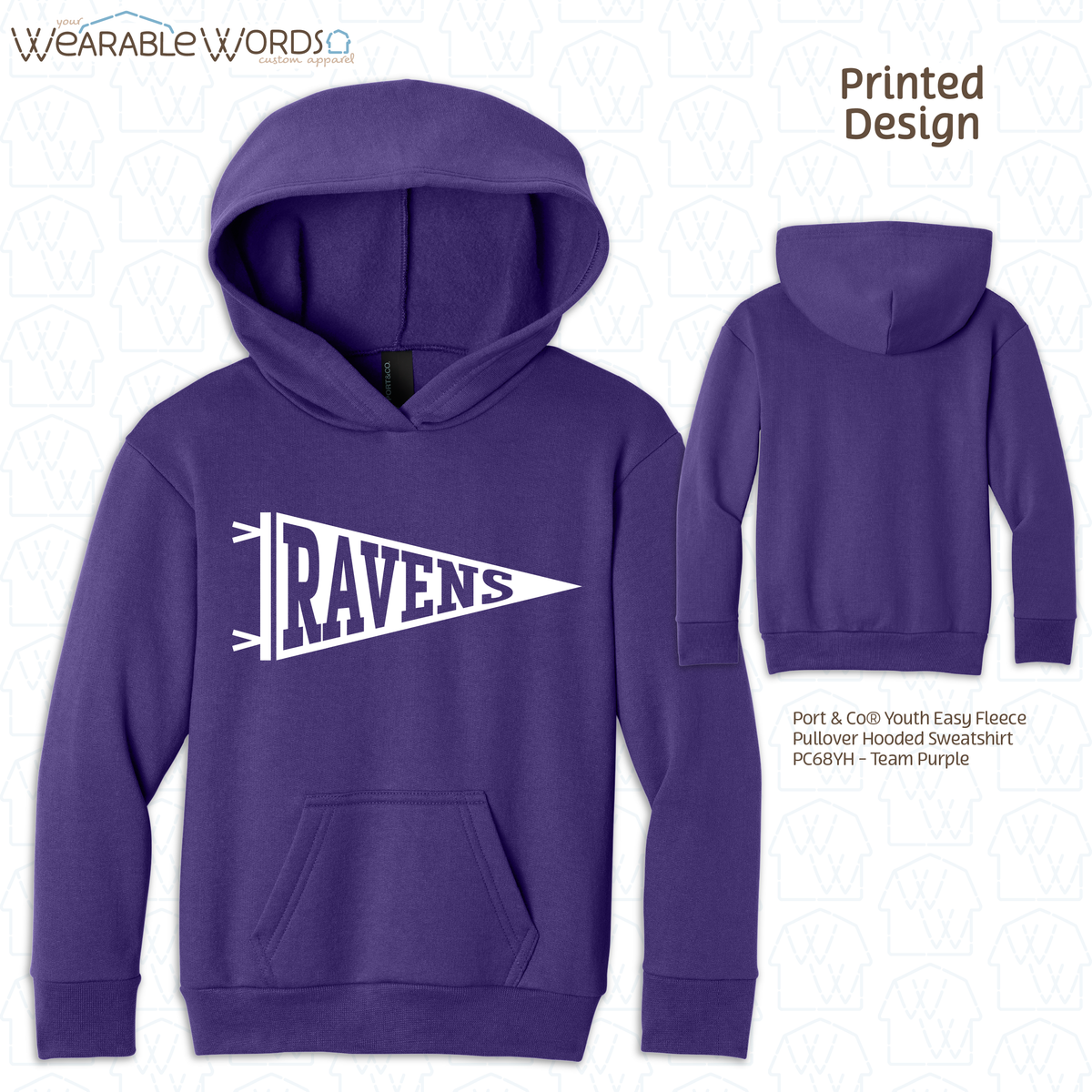 Custom Team Football Pennant Kids Graphic Hoodie | White Varsity Collegiate Sports Children's Print | Unisex Youth Sweatshirt