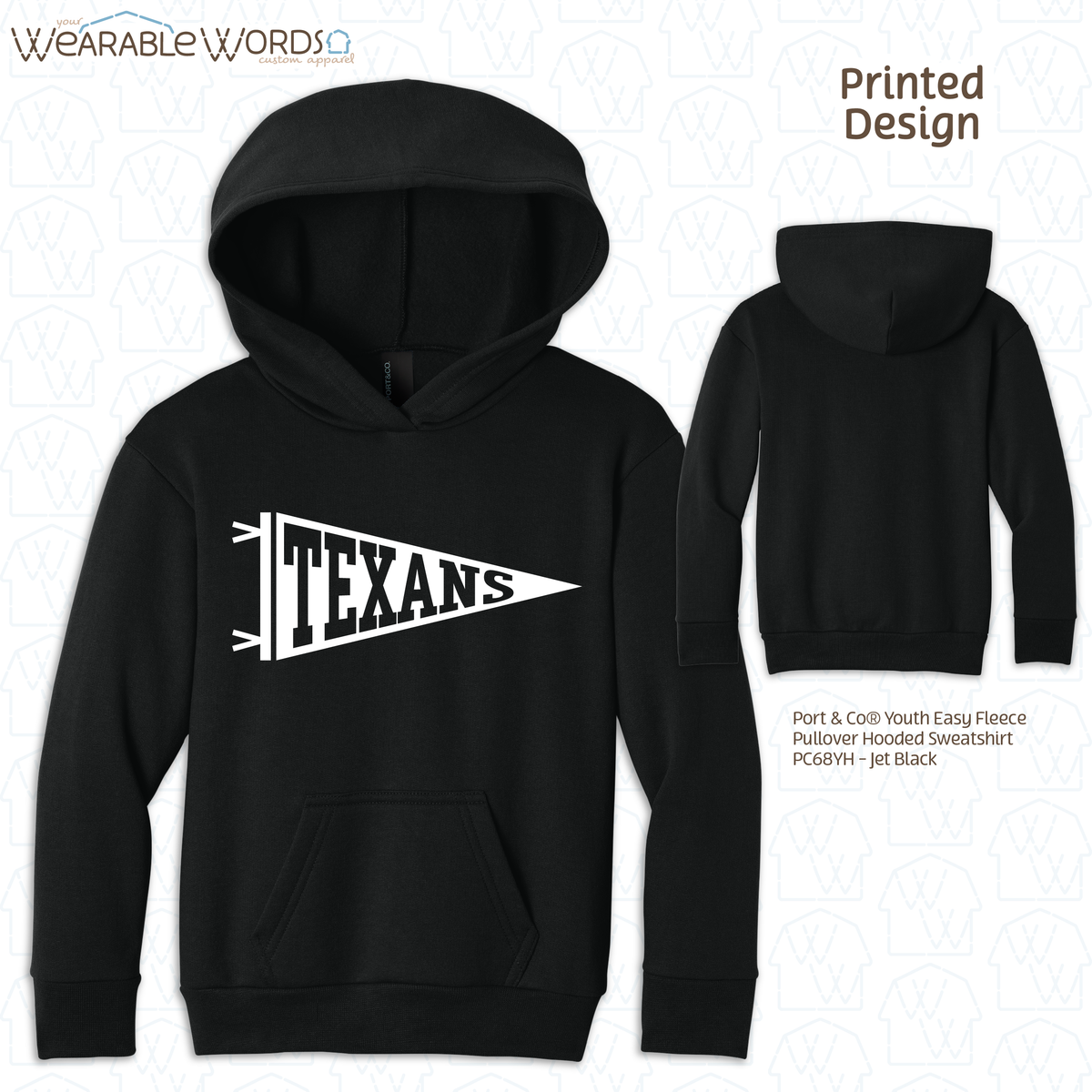 Custom Team Football Pennant Kids Graphic Hoodie | White Varsity Collegiate Sports Children's Print | Unisex Youth Sweatshirt