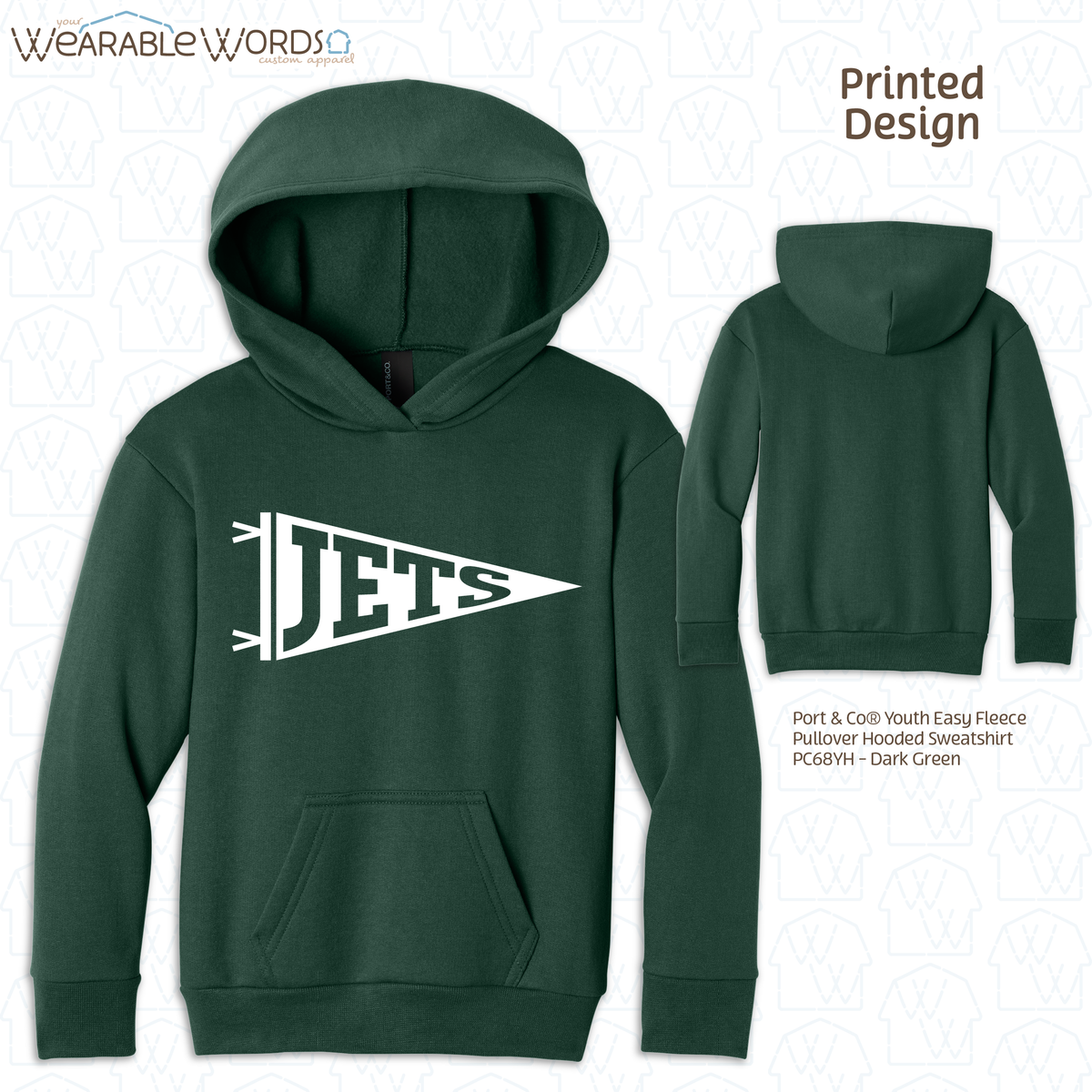Custom Team Football Pennant Kids Graphic Hoodie | White Varsity Collegiate Sports Children's Print | Unisex Youth Sweatshirt