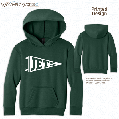 Custom Team Football Pennant Kids Graphic Hoodie | White Varsity Collegiate Sports Children's Print | Unisex Youth Sweatshirt