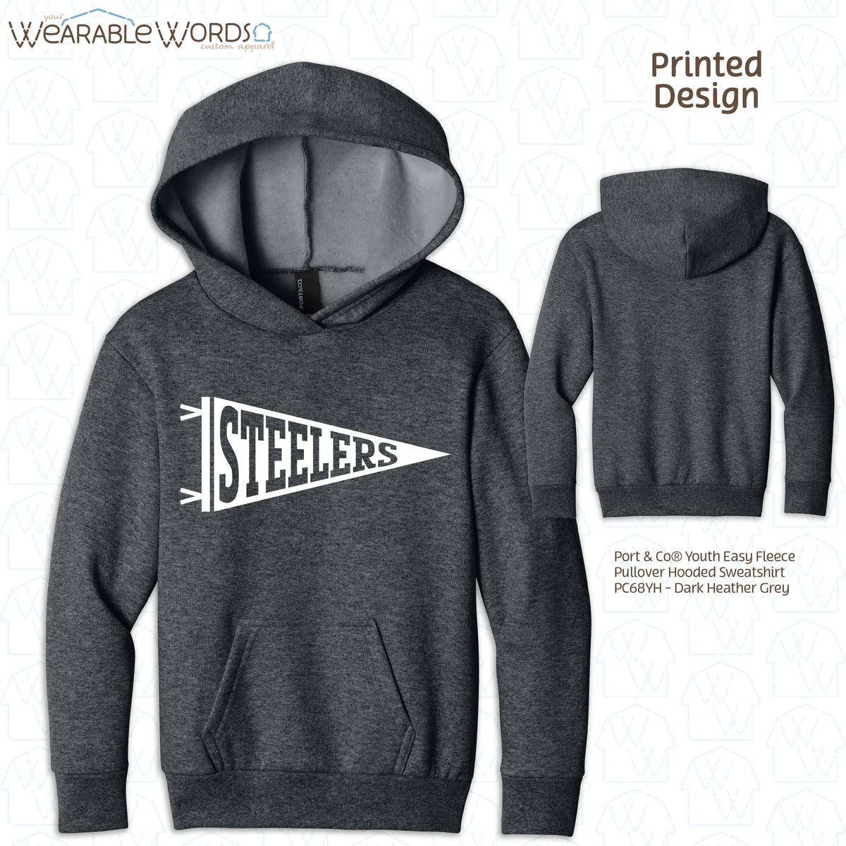 Custom Team Football Pennant Kids Graphic Hoodie | White Varsity Collegiate Sports Children's Print | Unisex Youth Sweatshirt