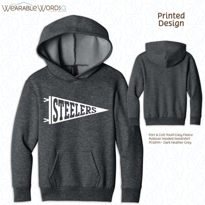 Custom Team Football Pennant Kids Graphic Hoodie | White Varsity Collegiate Sports Children's Print | Unisex Youth Sweatshirt
