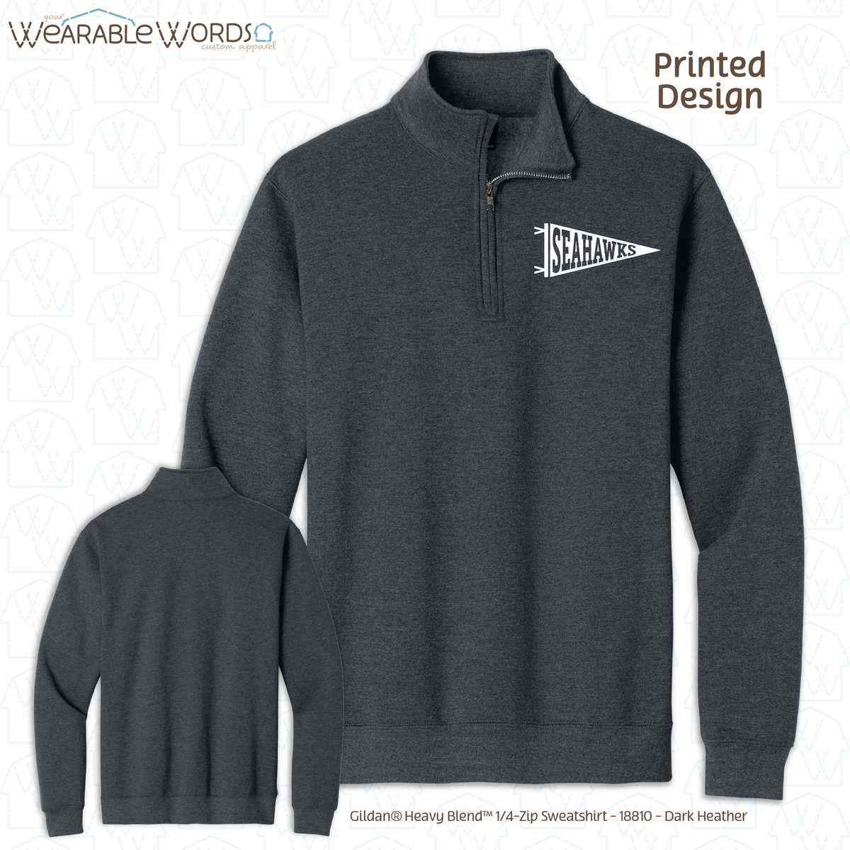 Custom Team Football Pennant Graphic 1/4 Zip | White Varsity Collegiate Sports Print | Unisex Quarter Zip Sweatshirt
