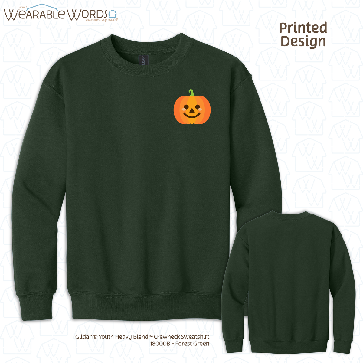 Cute Pumpkin Kids Graphic Crewneck | Simple Orange Fall Jack-o-Lantern Print | Unisex Youth Sweatshirt