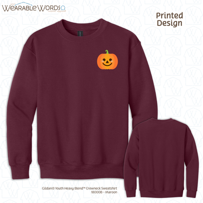 Cute Pumpkin Kids Graphic Crewneck | Simple Orange Fall Jack-o-Lantern Print | Unisex Youth Sweatshirt