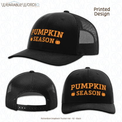 Pumpkin Season Graphic Hat | Orange Black Collegiate Style Fall Autumn Print | Unisex Mesh Snapback