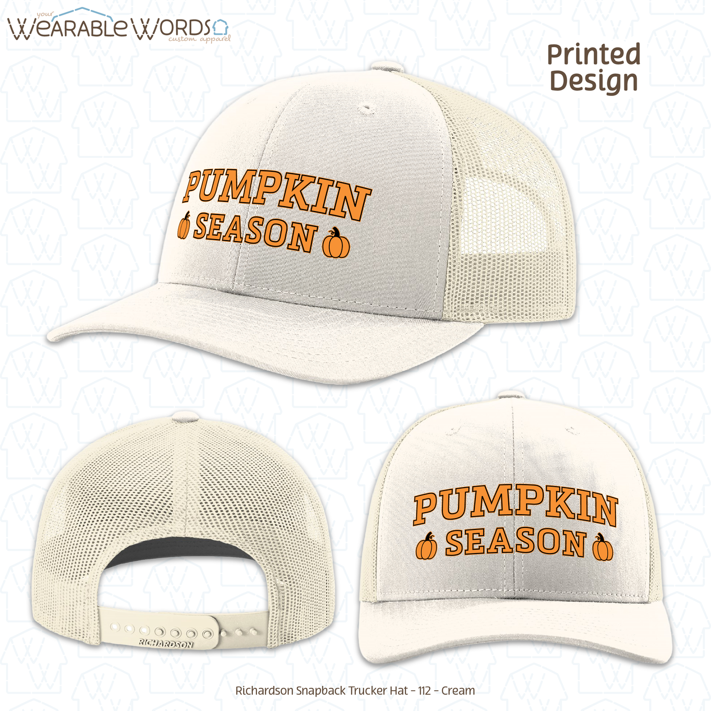 Pumpkin Season Graphic Hat | Orange Black Collegiate Style Fall Autumn Print | Unisex Mesh Snapback