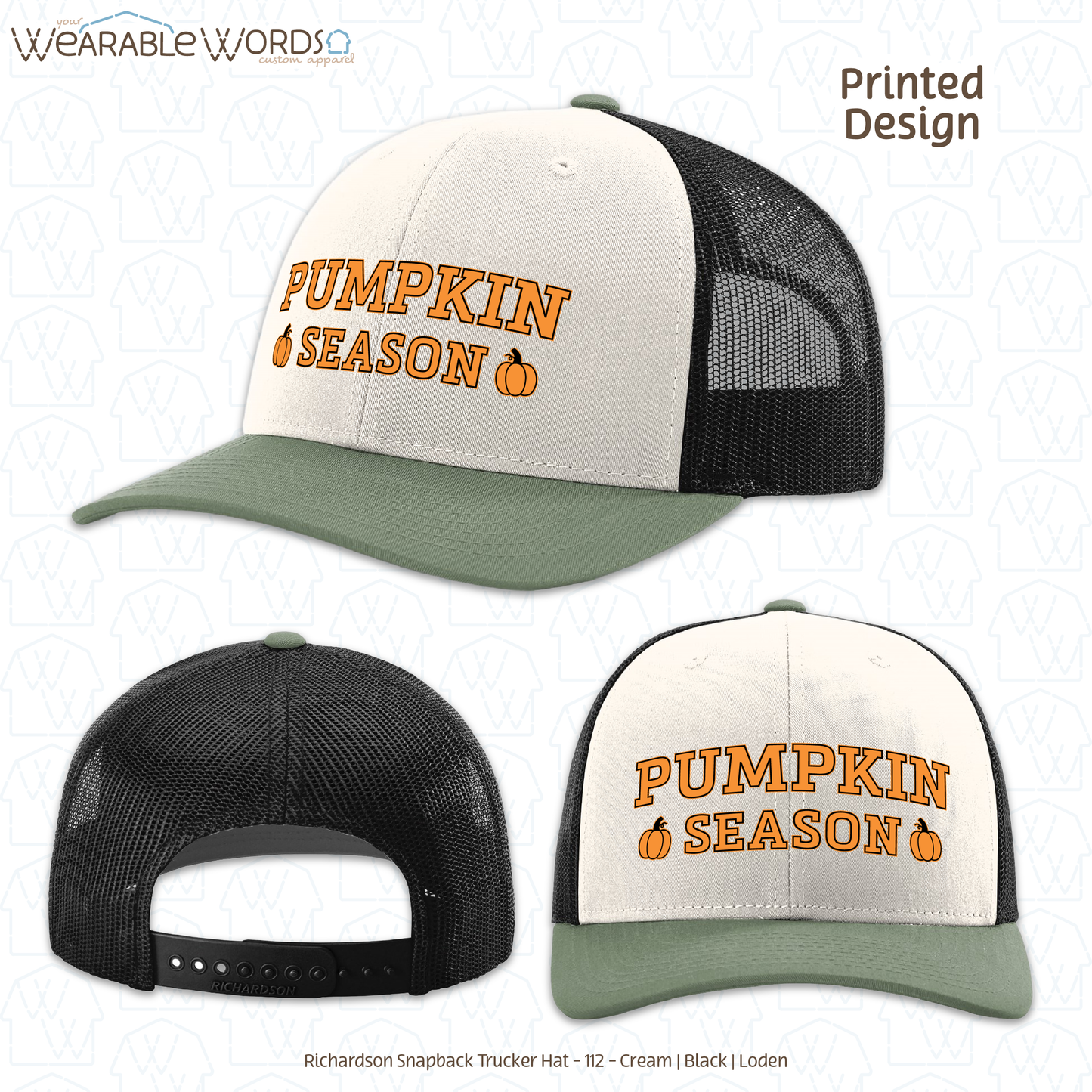 Pumpkin Season Graphic Hat | Orange Black Collegiate Style Fall Autumn Print | Unisex Mesh Snapback