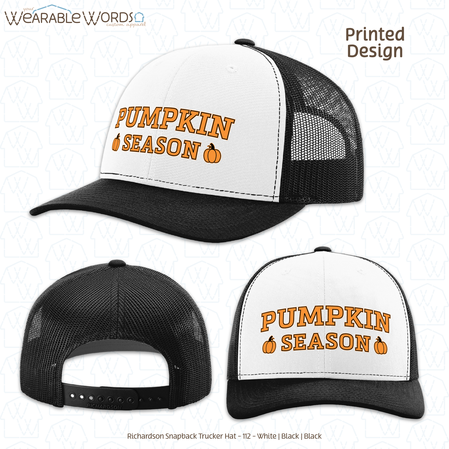 Pumpkin Season Graphic Hat | Orange Black Collegiate Style Fall Autumn Print | Unisex Mesh Snapback