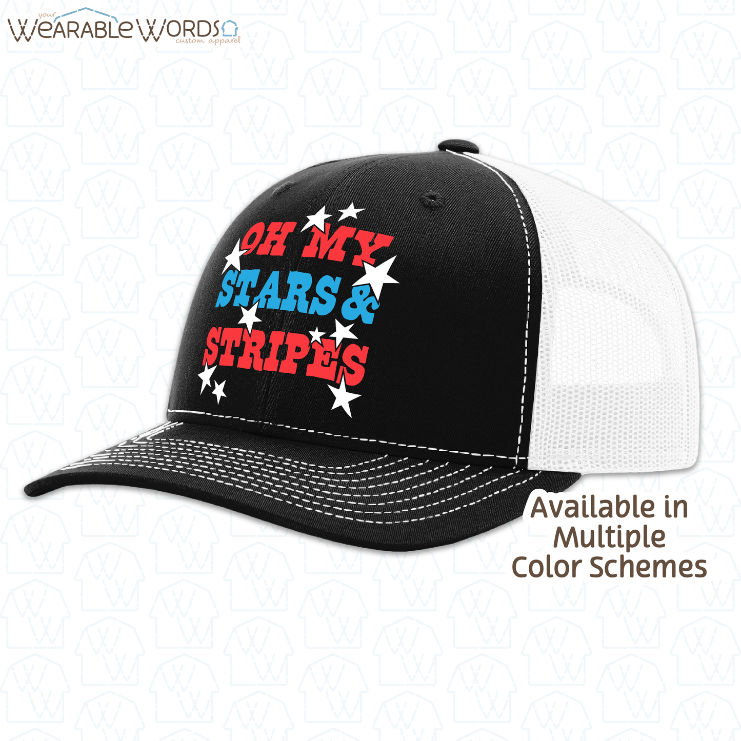 Oh My Stars And Stripes Hat | Fun Red White & Blue Print | Unisex Mesh Snapback