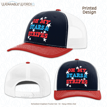 Oh My Stars And Stripes Hat | Fun Red White & Blue Print | Unisex Mesh Snapback