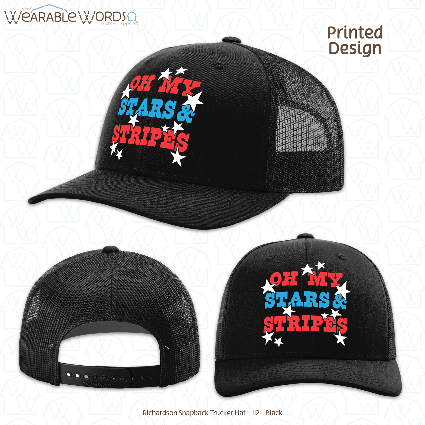 Oh My Stars And Stripes Hat | Fun Red White & Blue Print | Unisex Mesh Snapback
