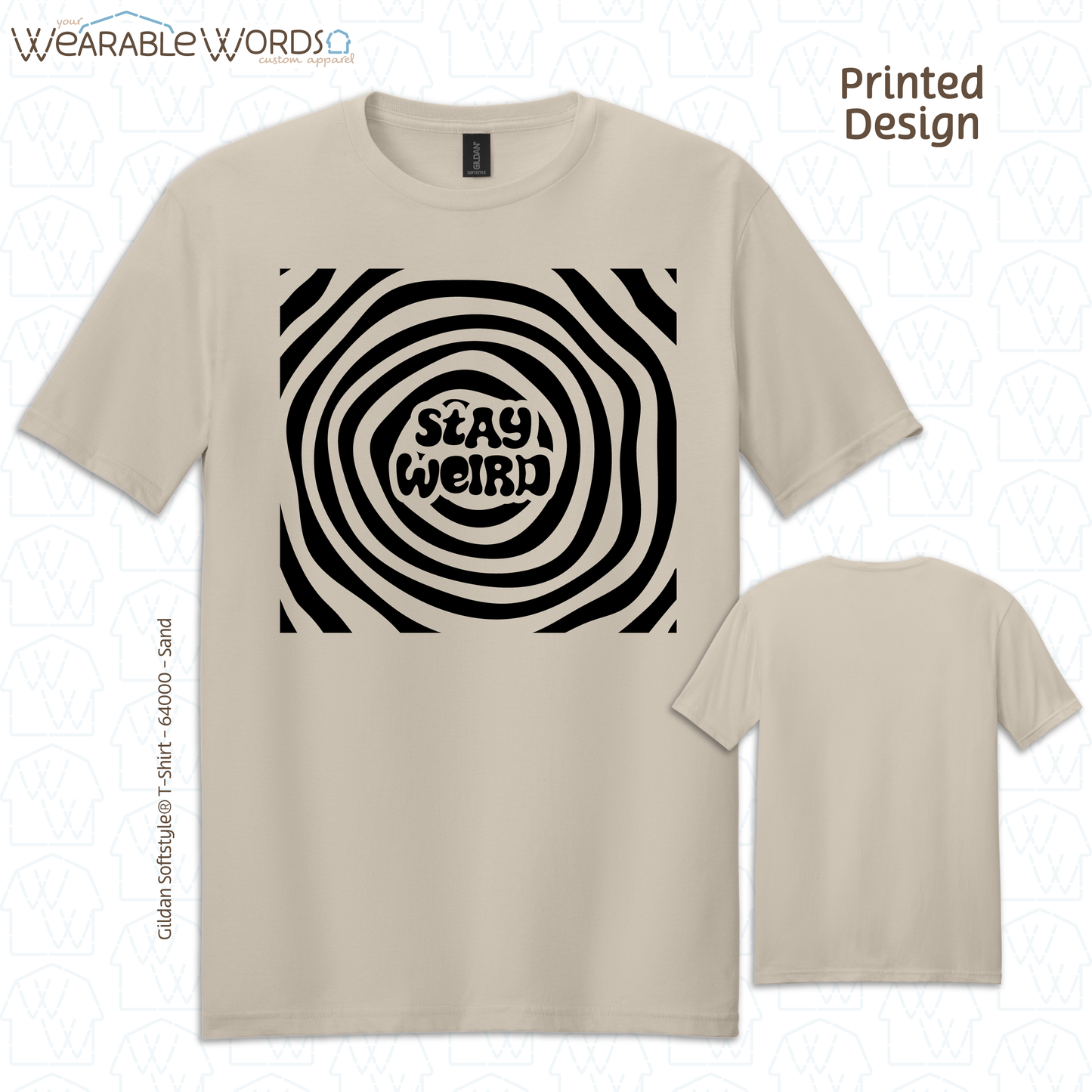 Stay Weird T-Shirt | Trippy Spiral Print | Orange, Yellow, Grey, Teal, Sage, or Tan Graphic Tee