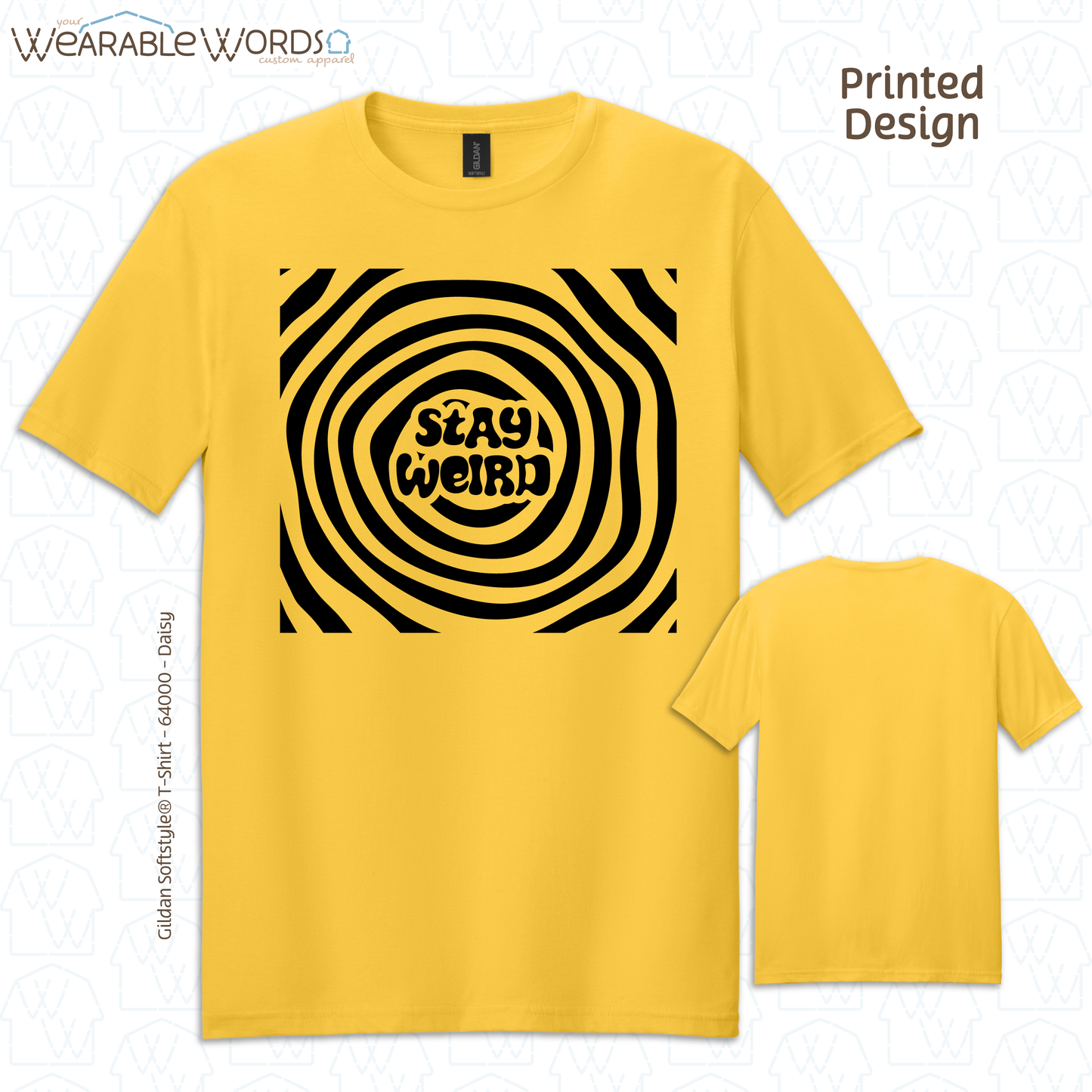 Stay Weird T-Shirt | Trippy Spiral Print | Orange, Yellow, Grey, Teal, Sage, or Tan Graphic Tee