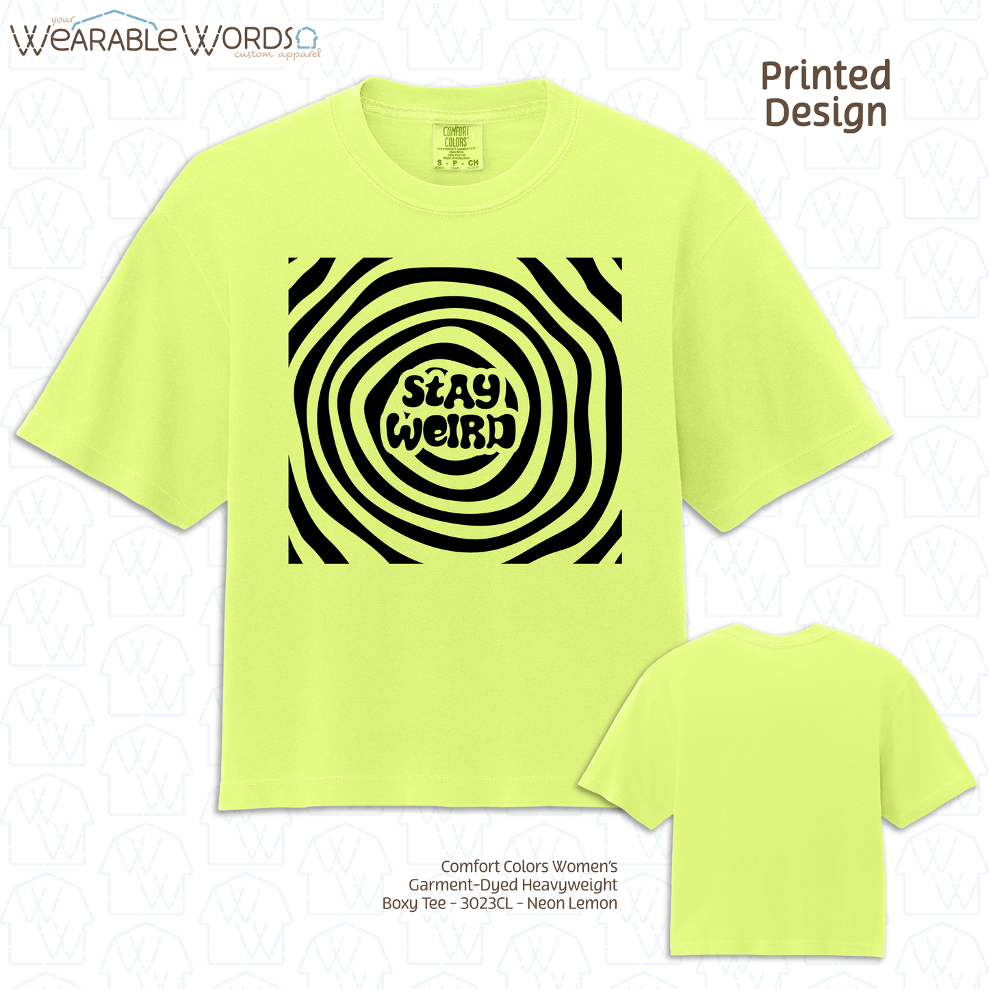 Stay Weird Boxy T-Shirt | Trippy Spiral Print | Yellow, Purple, Pink, Blue, or Ivory Women's Graphic Tee