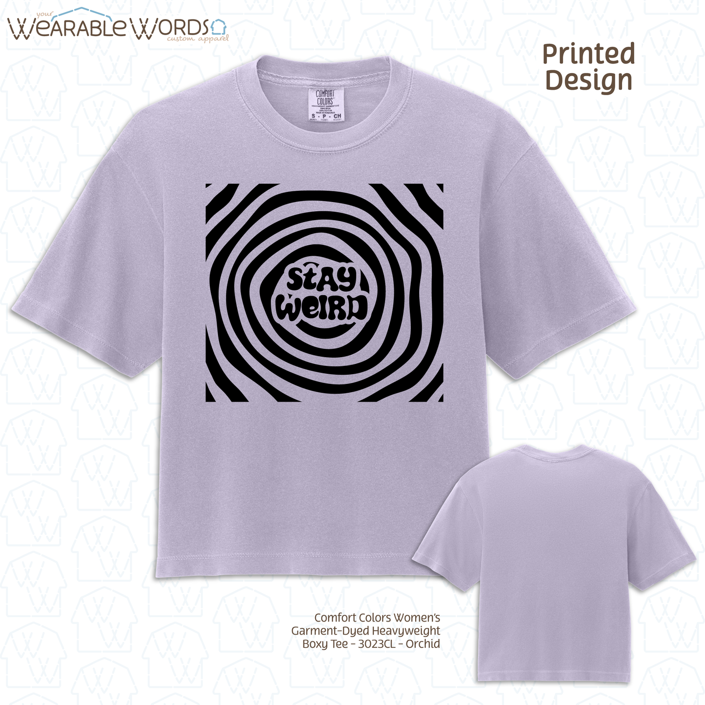 Stay Weird Boxy T-Shirt | Trippy Spiral Print | Yellow, Purple, Pink, Blue, or Ivory Women's Graphic Tee