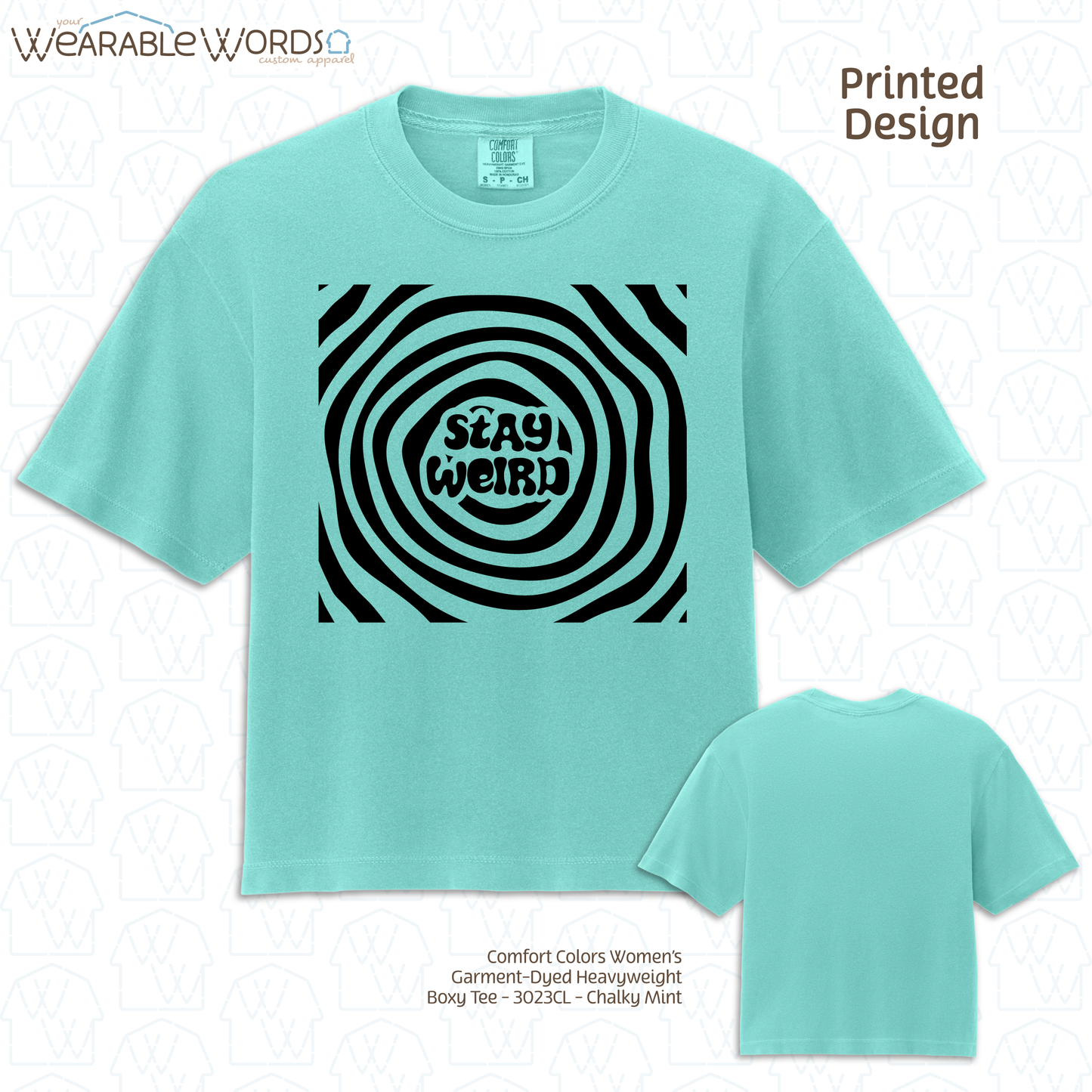 Stay Weird Boxy T-Shirt | Trippy Spiral Print | Yellow, Purple, Pink, Blue, or Ivory Women's Graphic Tee