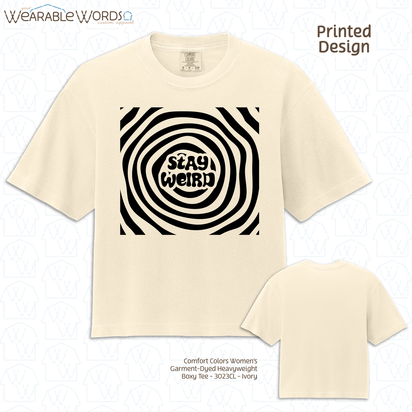 Stay Weird Boxy T-Shirt | Trippy Spiral Print | Yellow, Purple, Pink, Blue, or Ivory Women's Graphic Tee