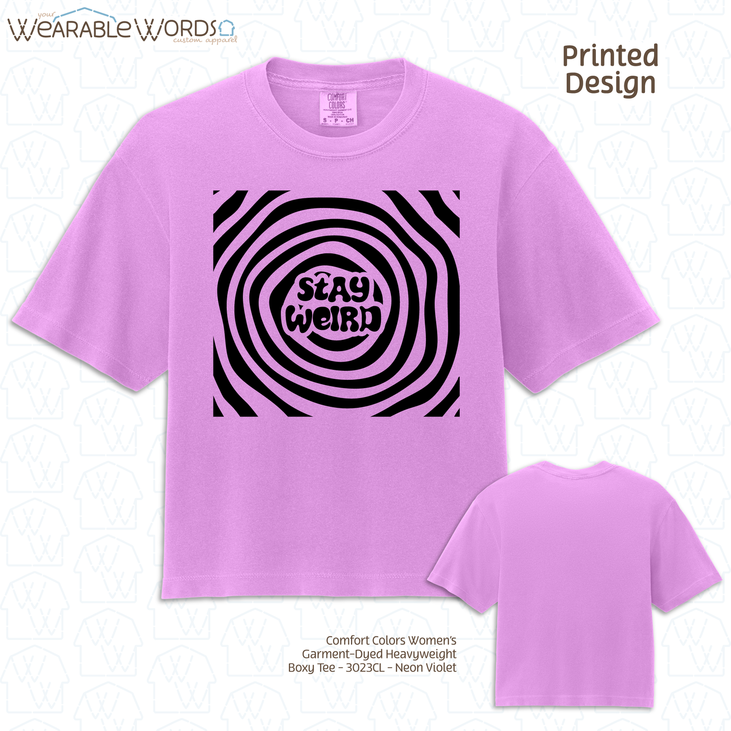 Stay Weird Boxy T-Shirt | Trippy Spiral Print | Yellow, Purple, Pink, Blue, or Ivory Women's Graphic Tee