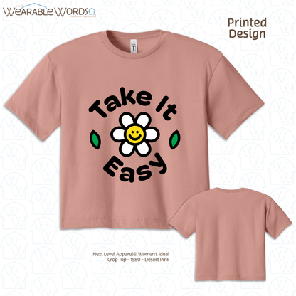 Take It Easy Crop Top | Fun Daisy Print | Blue, White, Tan, or Pink Women's Graphic Tee