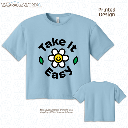Take It Easy Crop Top | Fun Daisy Print | Blue, White, Tan, or Pink Women's Graphic Tee