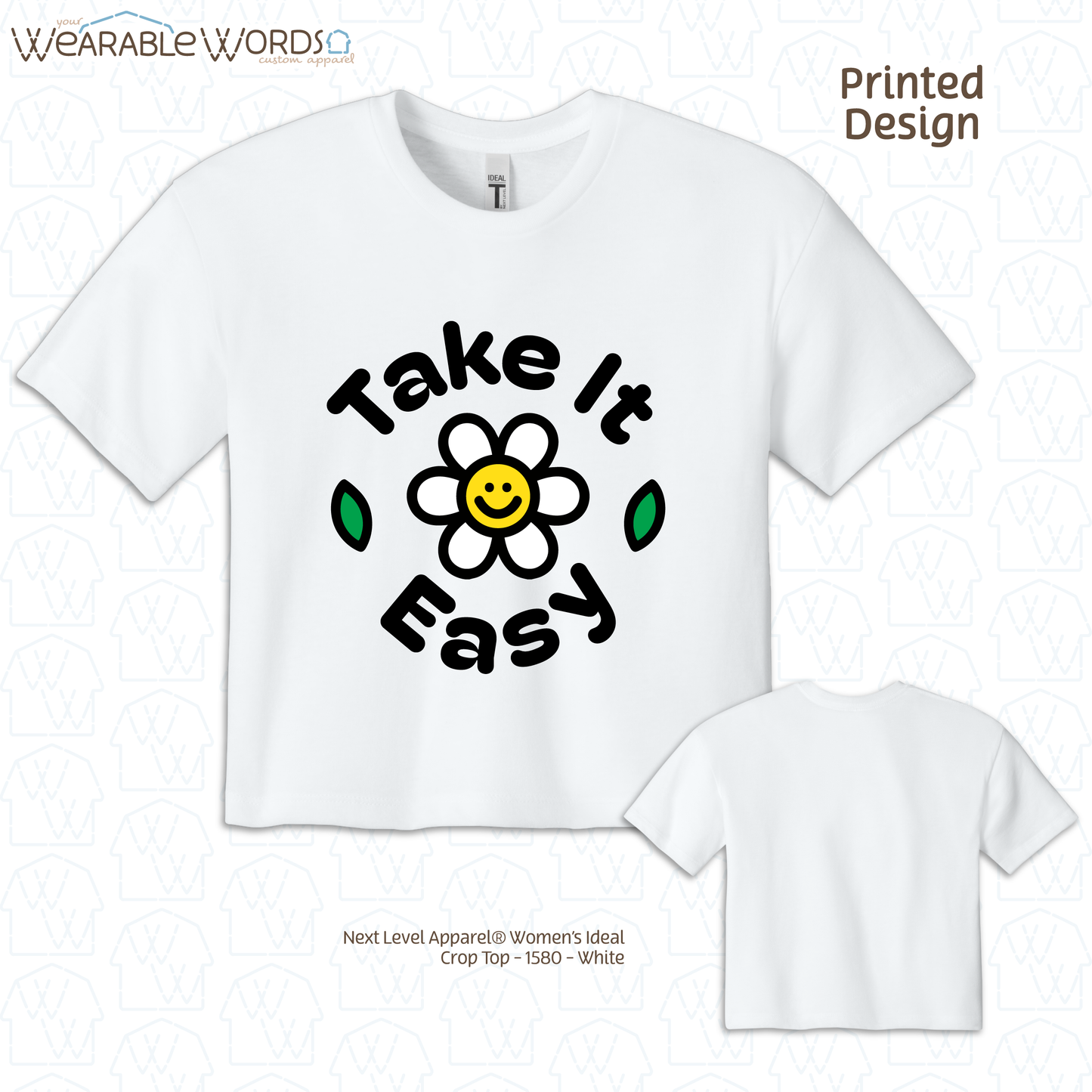Take It Easy Crop Top | Fun Daisy Print | Blue, White, Tan, or Pink Women's Graphic Tee