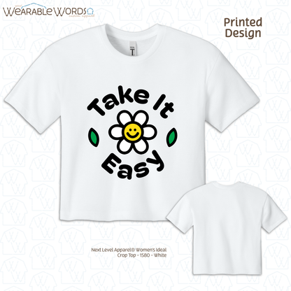 Take It Easy Crop Top | Fun Daisy Print | Blue, White, Tan, or Pink Women's Graphic Tee