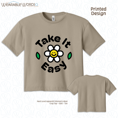 Take It Easy Crop Top | Fun Daisy Print | Blue, White, Tan, or Pink Women's Graphic Tee