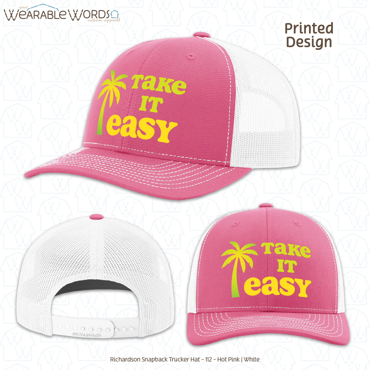 Take It Easy Graphic Hat | Simple Yellow & Green Palm Tree Print | Unisex Mesh Snapback