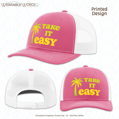 Take It Easy Graphic Hat | Simple Yellow & Green Palm Tree Print | Unisex Mesh Snapback