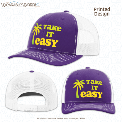 Take It Easy Graphic Hat | Simple Yellow & Green Palm Tree Print | Unisex Mesh Snapback