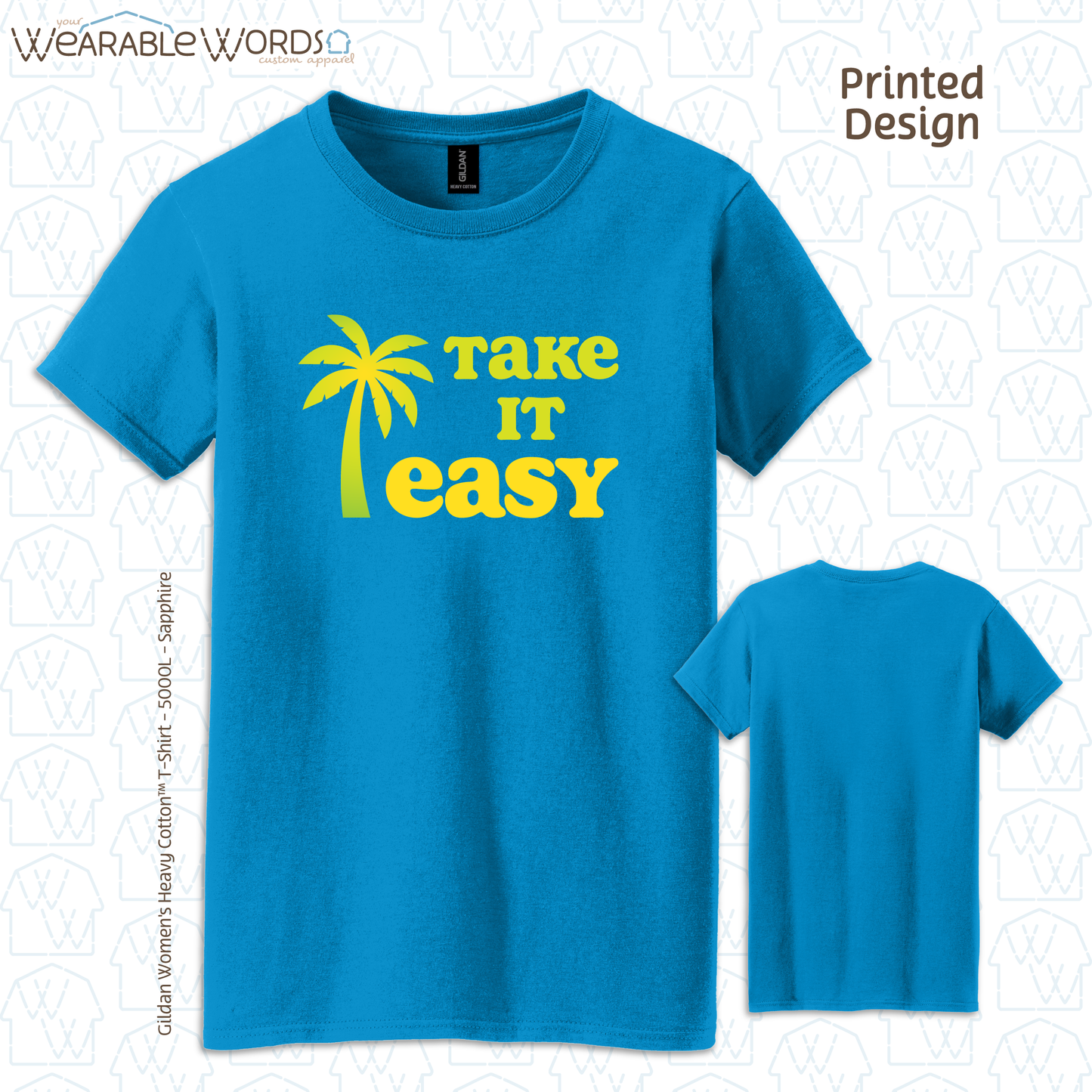 Take It Easy Women's T-Shirt | Yellow & Green Palm Print | Blue, Black, Pink, Grey, or Teal Graphic Tee