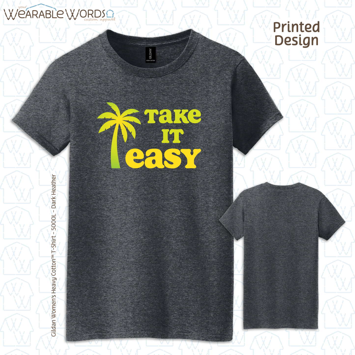 Take It Easy Women's T-Shirt | Yellow & Green Palm Print | Blue, Black, Pink, Grey, or Teal Graphic Tee