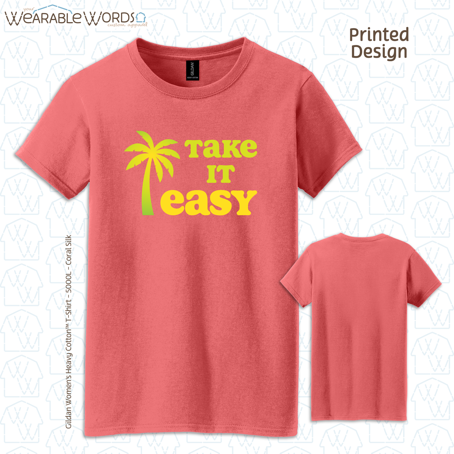 Take It Easy Women's T-Shirt | Yellow & Green Palm Print | Blue, Black, Pink, Grey, or Teal Graphic Tee