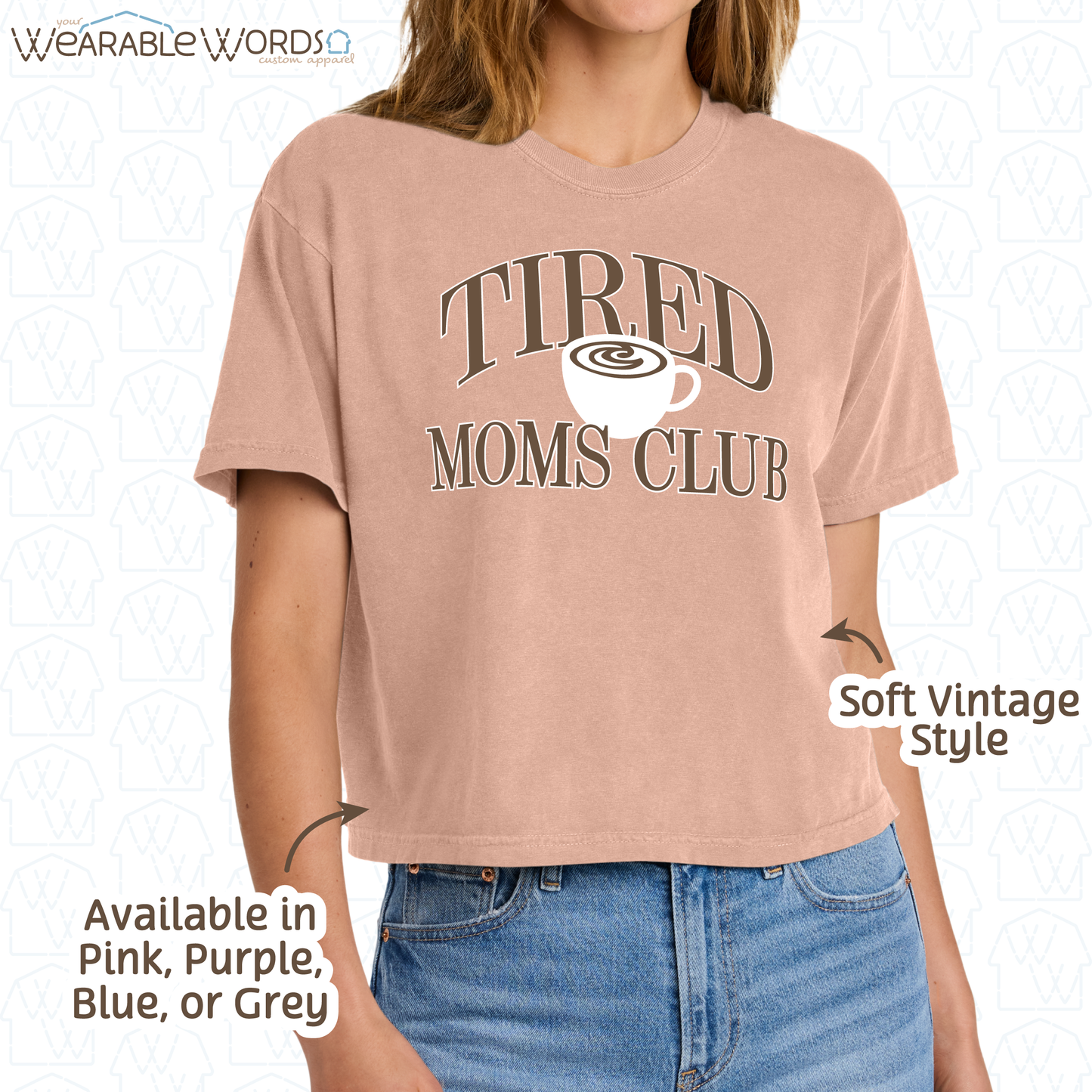 Tired Moms Club Graphic Tee | Coffee Tea Latte Vintage Varsity Print | Women's Boxy T-Shirt