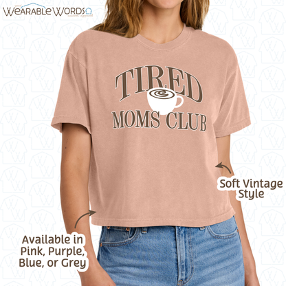 Tired Moms Club Graphic Tee | Coffee Tea Latte Vintage Varsity Print | Women's Boxy T-Shirt