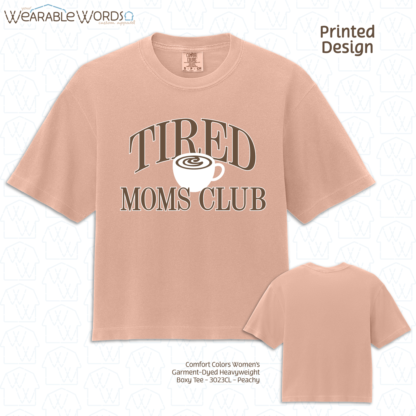 Tired Moms Club Graphic Tee | Coffee Tea Latte Vintage Varsity Print | Women's Boxy T-Shirt
